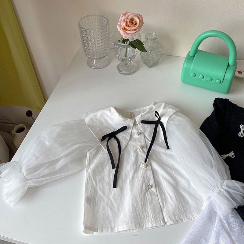 Áo Sơ Mi Trắng Cổ Búp Bê Đính Nơ Xinh Xắn Cho Bé Gái
