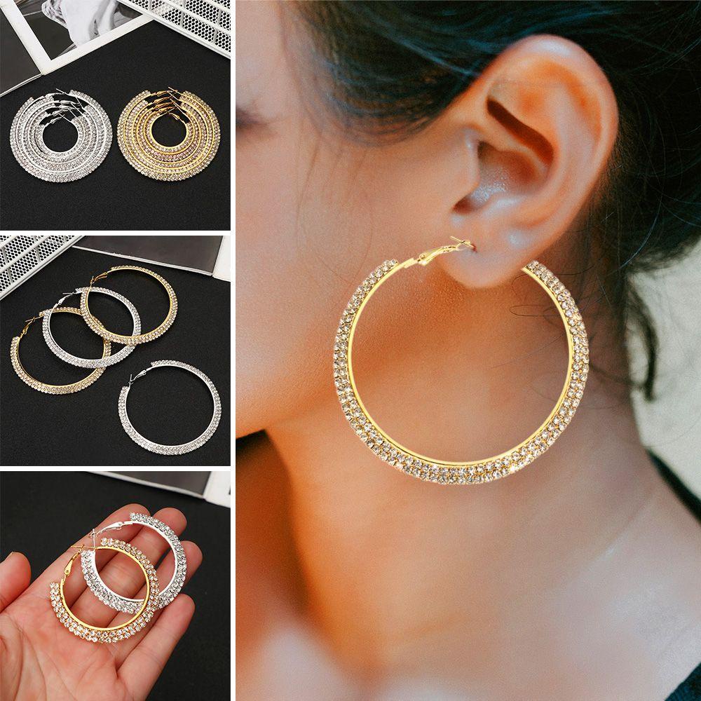 DIACHAVN Khuyên Tai Tròn Lớn Hai Hàng Đính Đá Lấp Lánh