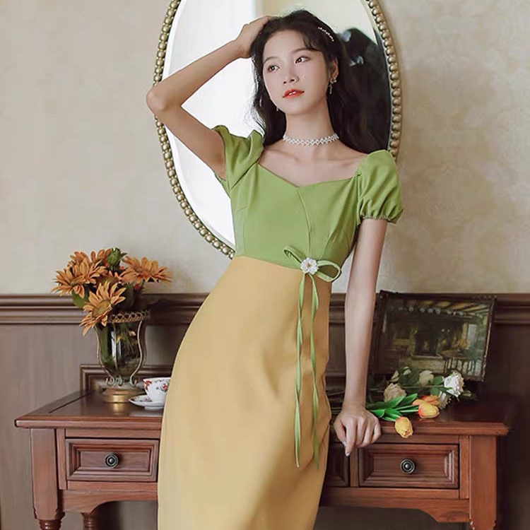 Đầm Tay Phồng Dáng Dài Chiết Eo Kiểu Vintage Hàn Quốc Dễ Thương Cho Nữ