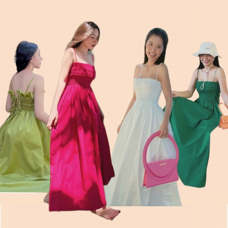 Đầm maxi 2 dây nhún chỉ cột nơ