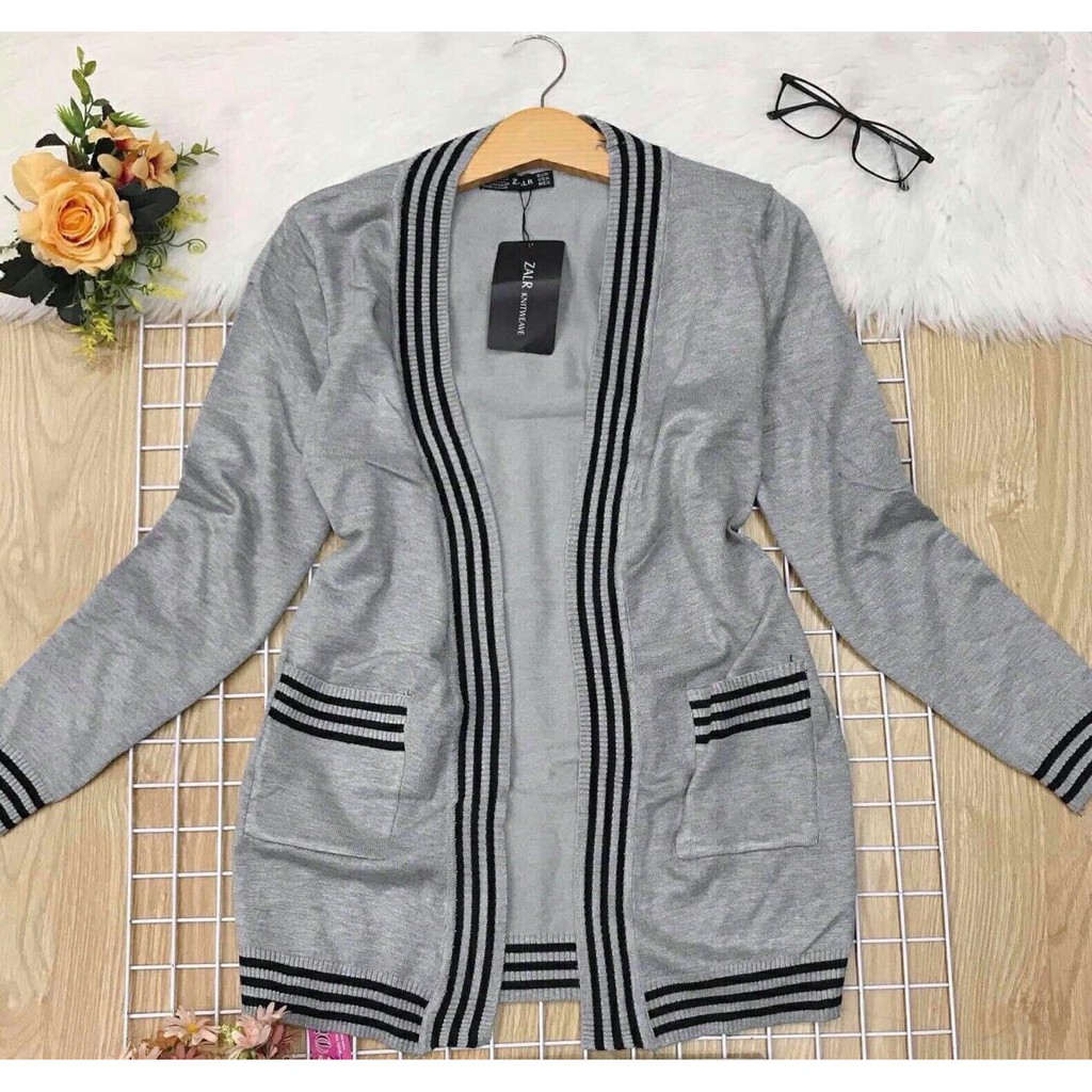 Áo khoác len cardigan nữ viền sọc form dài