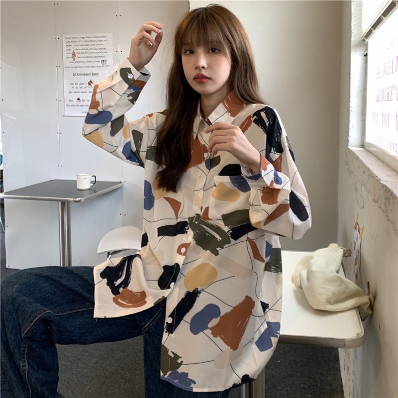 Áo Sơ Mi Dáng Rộng In Họa Tiết Đơn Giản Phong Cách Mùa Thu Mới Cho Nữ