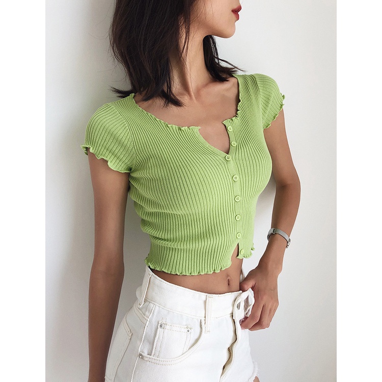 DUNEA Áo Thun Dệt Kim Tay Ngắn Thiết Kế Quyến Rũ Thời Trang Cho Nữ