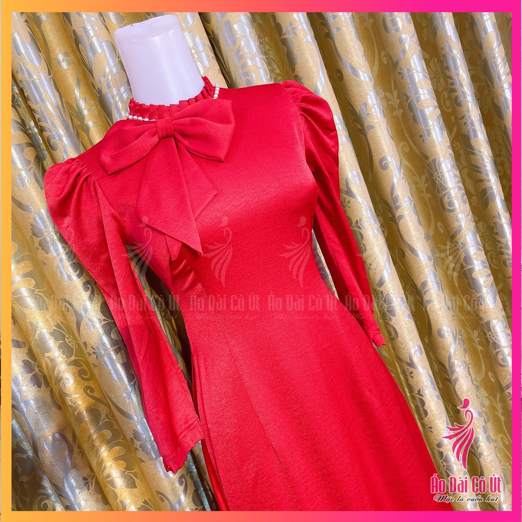 Áo dài cổ nơ cách điệu tay bồng dài lụa tây thi cao cấp đẹp