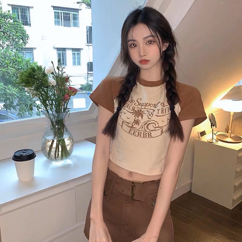 ÁO CROP TOP CAO BỒI IN MÀU NÂU N3
