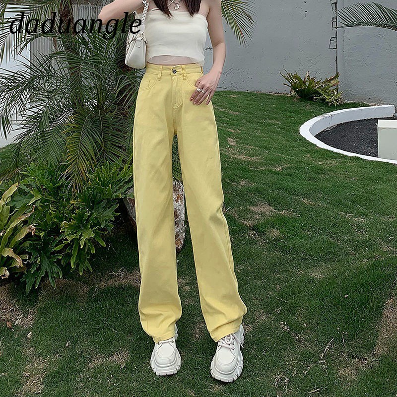 Daduhey Quần ống rộng suông thẳng lưng cao thời trang màu sắc thời trang phong cách Hàn Quốc mùa hè