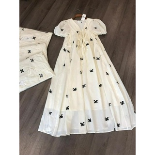 Đầm thô maxi họa tiết nơ tay bồng xinh xắn