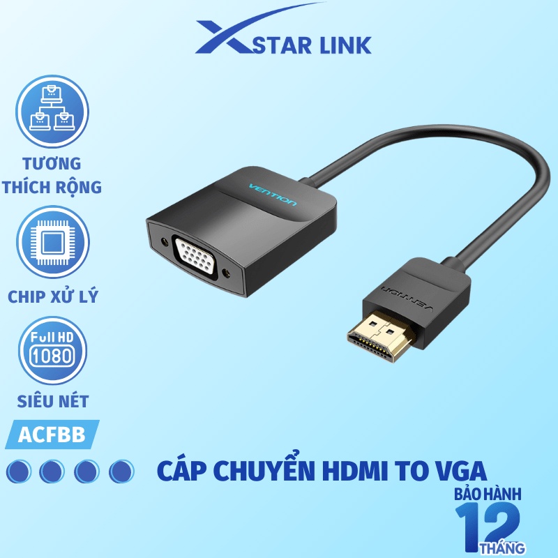 HDMI to VGA 1080P Full HD Vention có chip - Dây cáp chuyển đổi Hdmi sang Vga Máy tính, Laptop chính hãng BH 12T