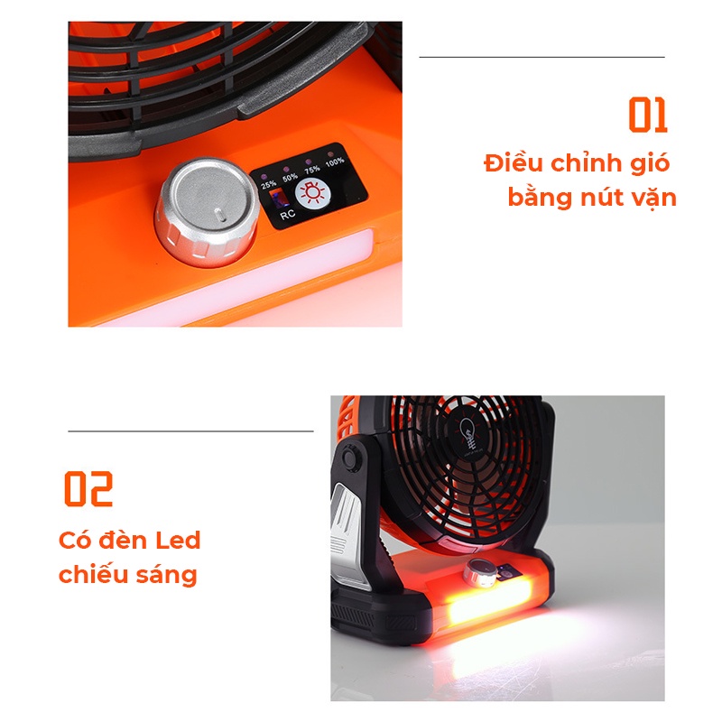 Quạt tích điện để bàn có điều khiển, pin 4800mAh, quạt làm mát 3 chế độ gió, vừa chiếu sáng kiêm sạc dự phòng tiện lợi