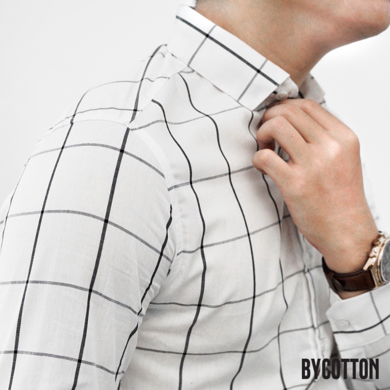 Áo Sơ Mi Dài Tay Phối Sọc BYCOTTON White Caro Oxford Shirt