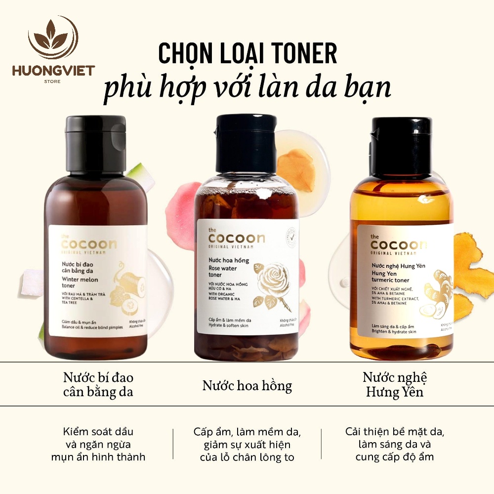 Nước Hoa Hồng Cocoon Việt Nam Chính Hãng Toner Dưỡng Trắng Cấp Ẩm Giảm Mụn Se Khít Lỗ Chân Lông Cho Da Khô Nhạy Cảm