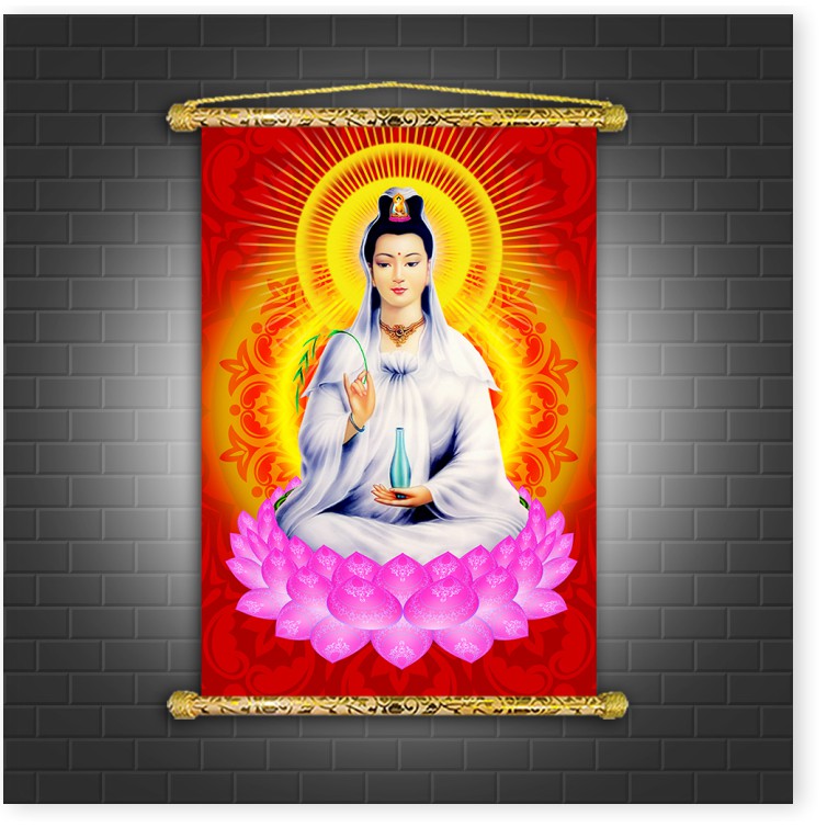 Tranh Liễn Phật Giáo - Quan Thế Âm Bồ Tát  – Vải canvas cao cấp nẹp sáo gỗ tự nhiên nhiều size nhiều mẫu