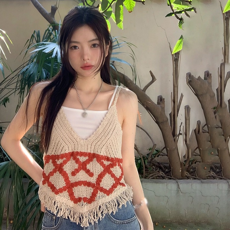 Áo Tank Top Cổ Chữ V Đan Móc Màu Sắc Retro Dành Cho Nữ