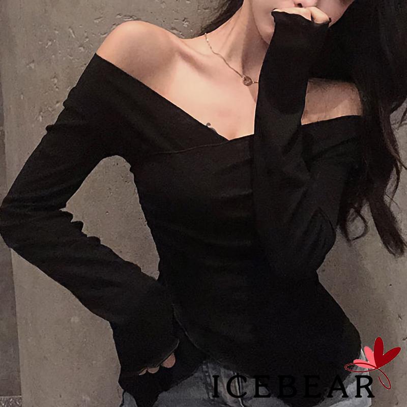ICE-Women Off Shoulder Wrap Tops Long Sleeve Solid Color Irregular Hem Tight T-Shirts