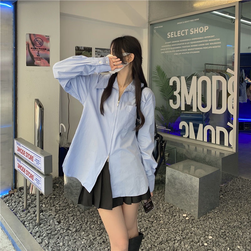 Áo sơ mi trắng dáng rộng phối khóa kéo thời trang mùa thu mới cho nữ