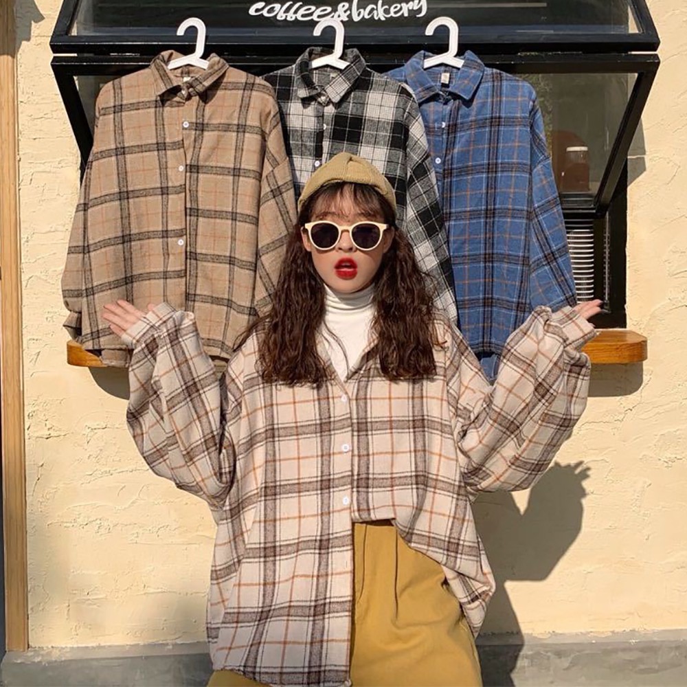 Áo sơ mi tay dài phối nút hoạ tiết ca rô phong cách hàn quốc có size 5xl