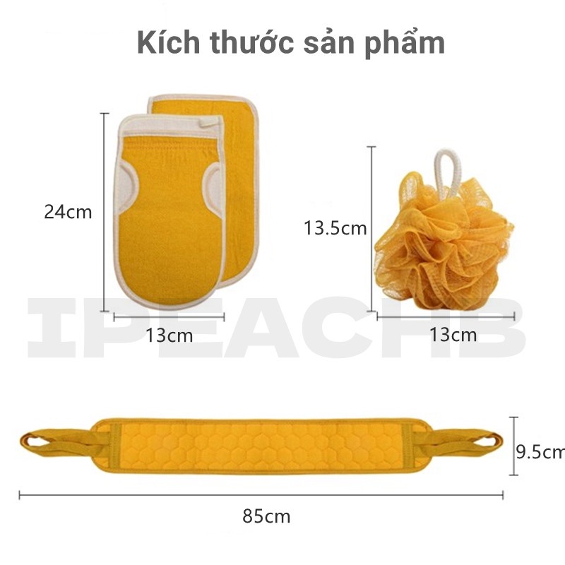 Bông tắm tẩy tế bào chết Set 3 Miếng + Khăn kỳ lưng+ Bông Tắm tạo bọt chống trượt dưỡng ẩm cho da,Set 3 Miếng