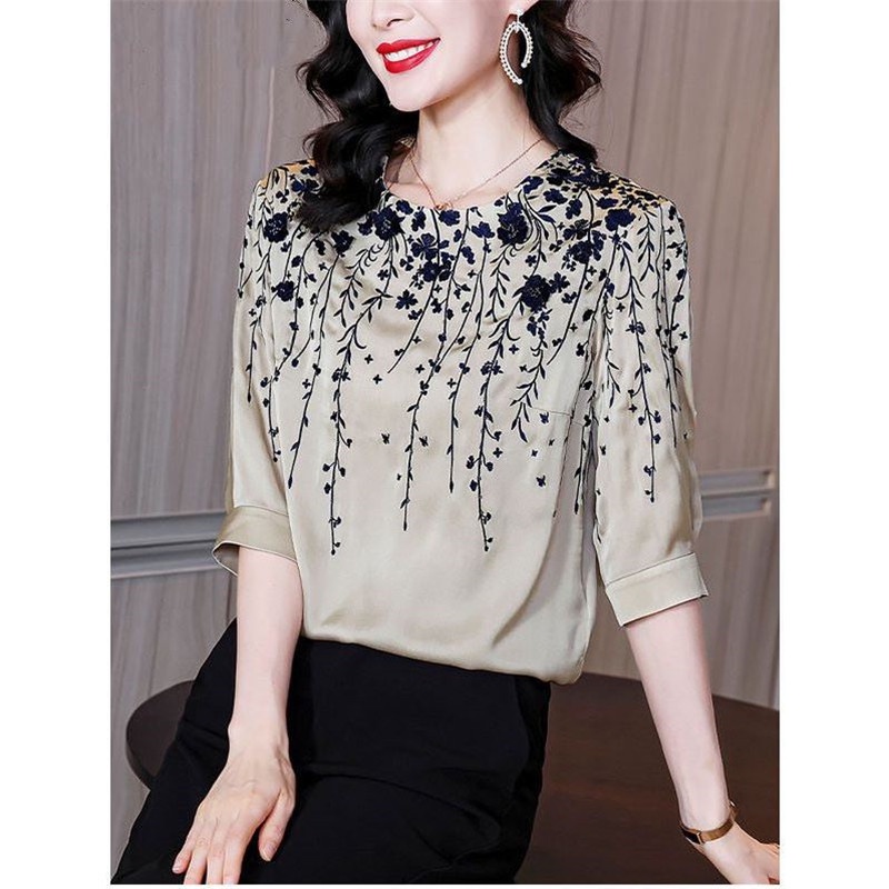 Áo Sơ Mi Lụa Cổ Tròn Tay Lỡ In Họa Tiết Phong Cách Retro Thời Trang Cao Cấp Cho Nữ