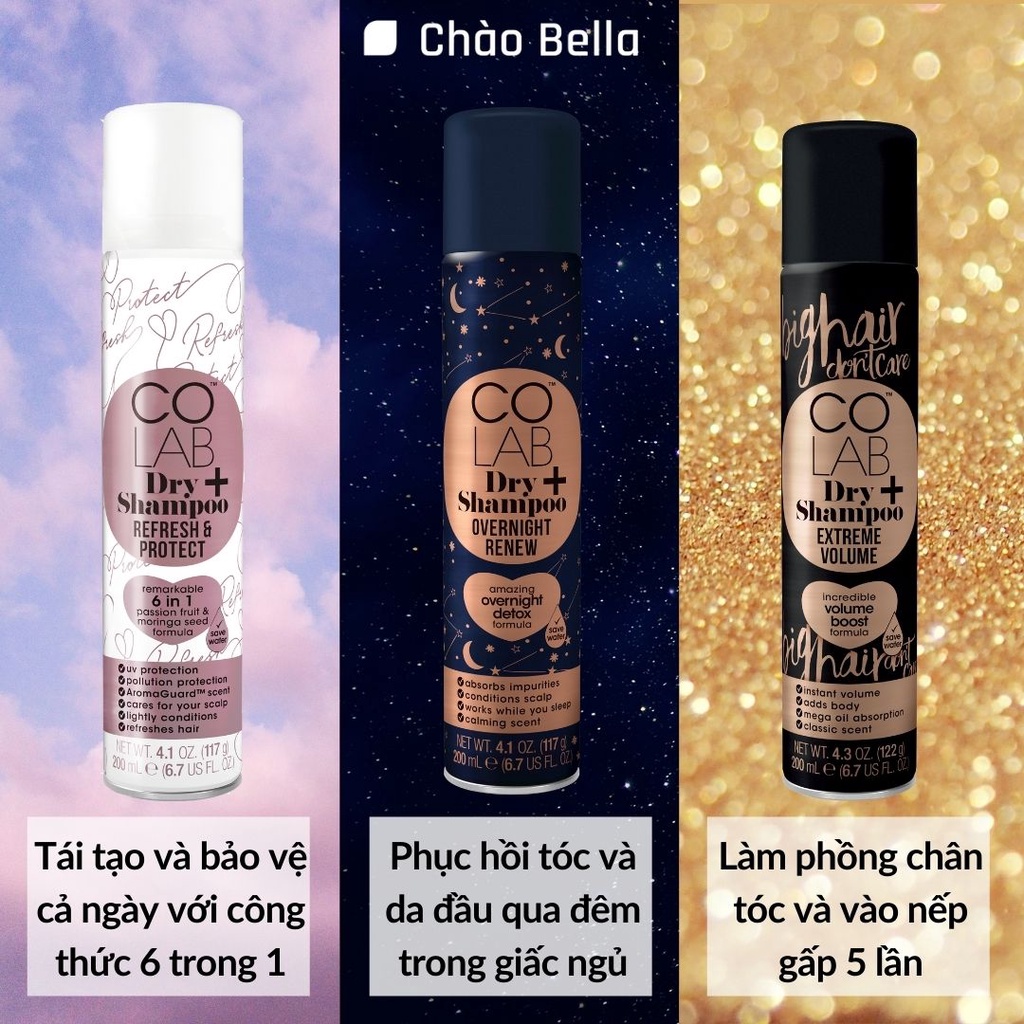 Combo Dầu Gội Khô Colab Plus | Chống Tia UV, Vô Hiệu Hoá Mùi Hôi - Phục Hồi Tóc Qua Đêm - Tạo Phồng Gấp 5 Lần (200ml)