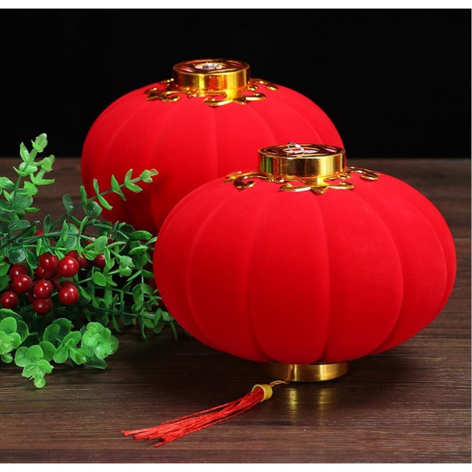 Combo 10 đèn lồng trang trí tết đỏ bọc vải nhung đẹp
