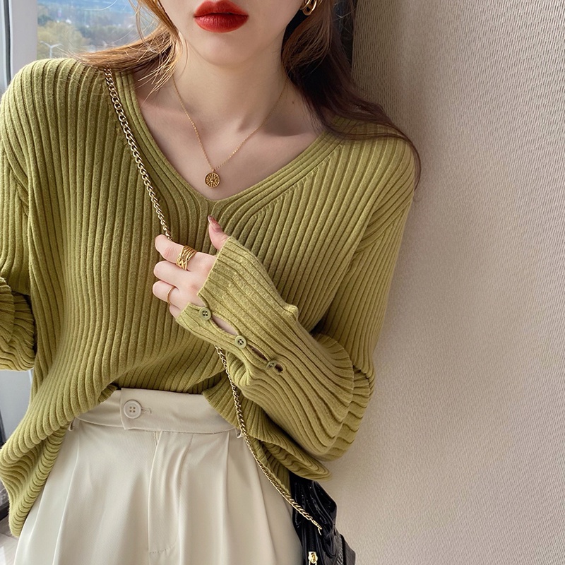 Áo len ZHELIHANGFEI tay dài cổ chữ V dễ phối đồ tùy chọn màu sắc