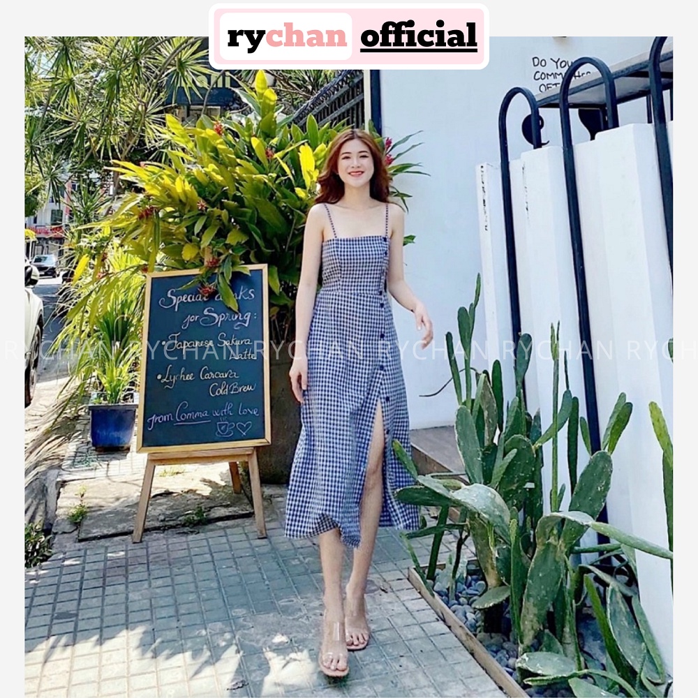 Đầm Nữ Đi Du Lịch Biển 2 Dây Caro Gài Nút Xẻ Tà Cực Trendy - DX9755