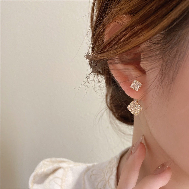 Bông tai bạc S925 hình vuông phối lưới trước và sau cho nữ