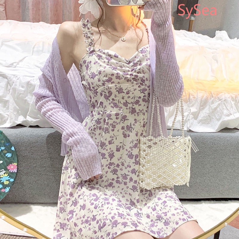 Set Đầm Hai Dây + Áo Khoác Cardigan Dệt Kim Hoạ Tiết Hoa Thời Trang Mùa Hè Dành Cho Nữ