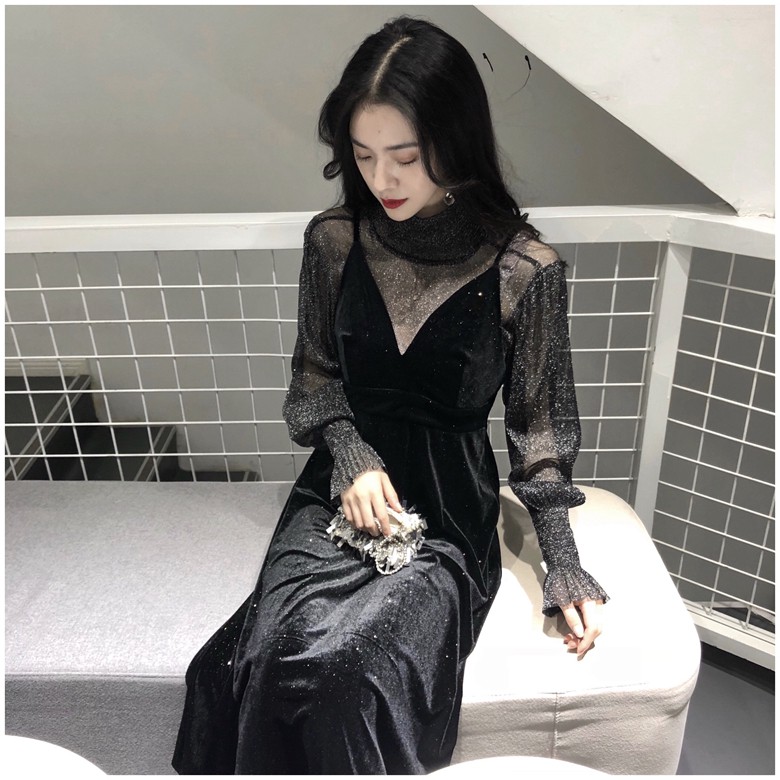 (Sẵn M) M29 - Đầm nhung Ulzzang dáng dài phối lưới kim sa sang trọng có Bigsize