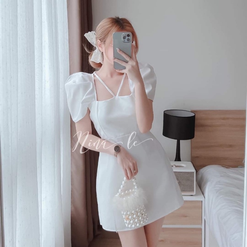 Váy nữ cổ vuông 2 màu đen trắng TABISHOP đầm dự tiệc tay phồng cổ yếm phong cách tiểu thư hot trend 2022 | BigBuy360 - bigbuy360.vn