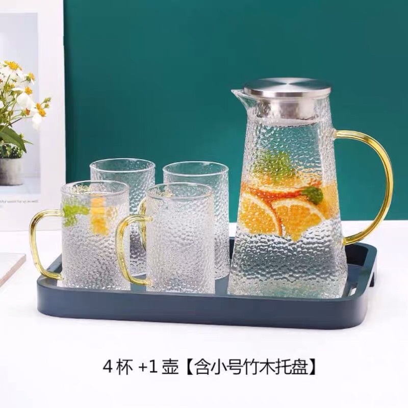 Bộ Bình và Cốc Thuỷ Tinh Kèm Khay Và Hũ Thìa Cao Cấp