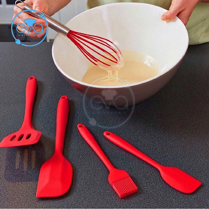 Bộ 5 Dụng Cụ Làm Bánh Cơ Bản Gồm Chổi - Vét Bột - Đánh Trứng - Xẻng Silicone