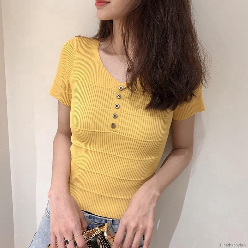 Áo dệt kim tay ngắn cổ chữ V phối nút thiết kế quyến rũ cho phái nữ
