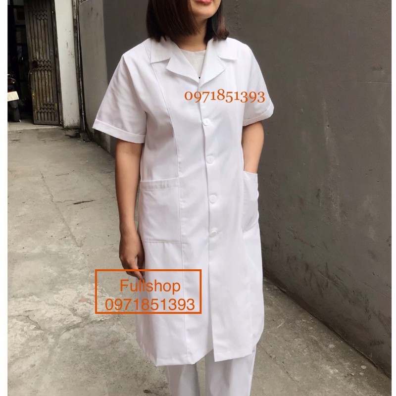 Áo Blouse trắng nữ cộc tay, dài tay túi chéo cao cấp - Áo blu bác sĩ nữ, phòng khám, thẩm mỹ viện, spa,...