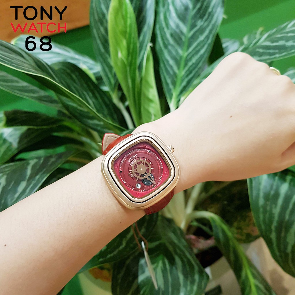 Đồng hồ nữ Guou vuông độc đáo dây da hồng sang trọng chống nước chính hãng Tony Watch 68