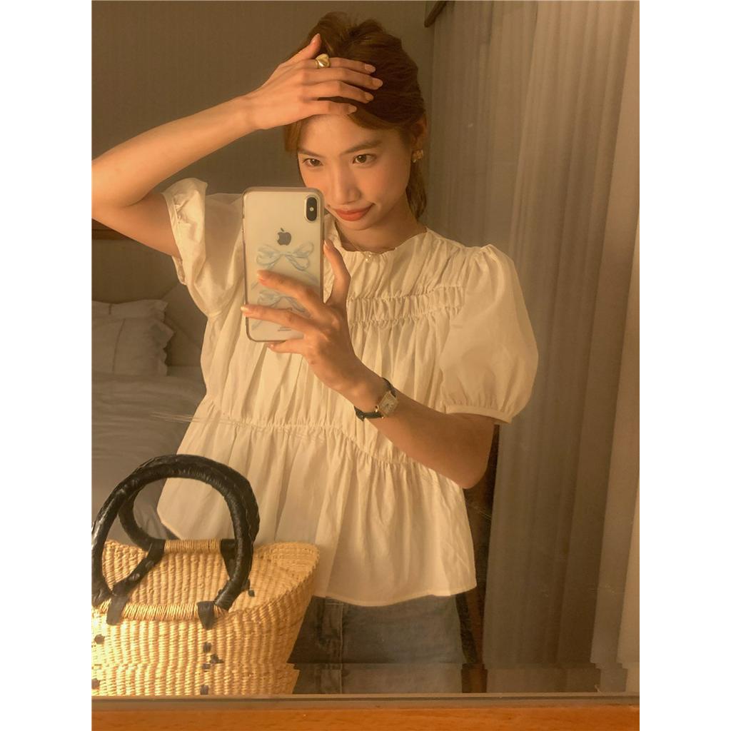 Áo Kiểu Tay Phồng Cổ Tròn Xếp Ly 2 Màu Phong Cách Pháp 62621