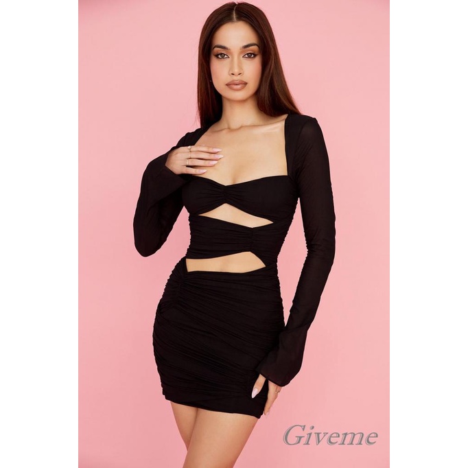 Đầm Tay Dài Màu Trơn Thiết Kế Khoét Lỗ Thời Trang Mùa Xuân Cho Nữ