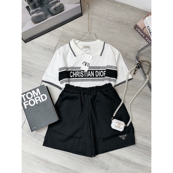 Set áo polo mix quần sooc đùi bộ đùi cotton áo cổ bẻ quần đen