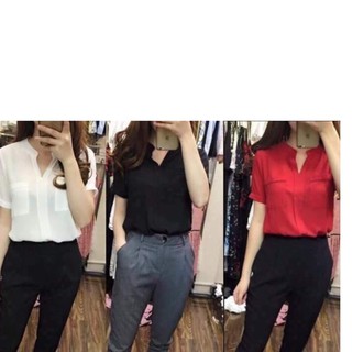 Áo công sở cổ trụ có 2 túi ĐỎ