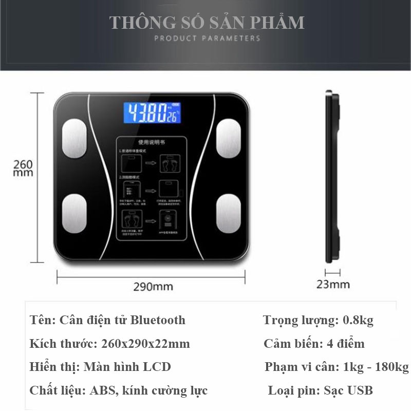 CÂN ĐIỆN TỬ CÂN SỨC KHỎE MÀN HÌNH LED SẠC PIN DÙNG PIN GIA ĐÌNH KÍNH CƯỜNG LỰC TẢI TRỌNG 180KG CAN DIEN TU DL7