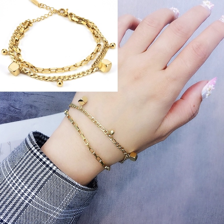 Lắc tay titan nữ 2 lớp cá tính không đen gỉ mặt khối vuông bi tròn