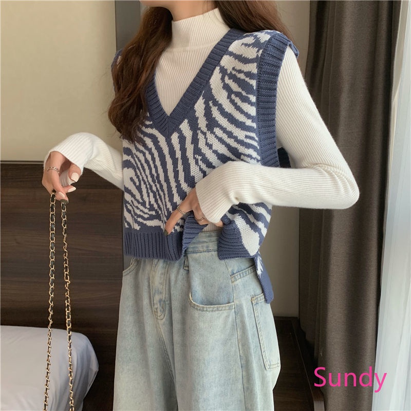 Áo khoác dệt kim không tay dáng rộng in họa tiết ngựa vằn kiểu vintage hàn quốc cho nữ