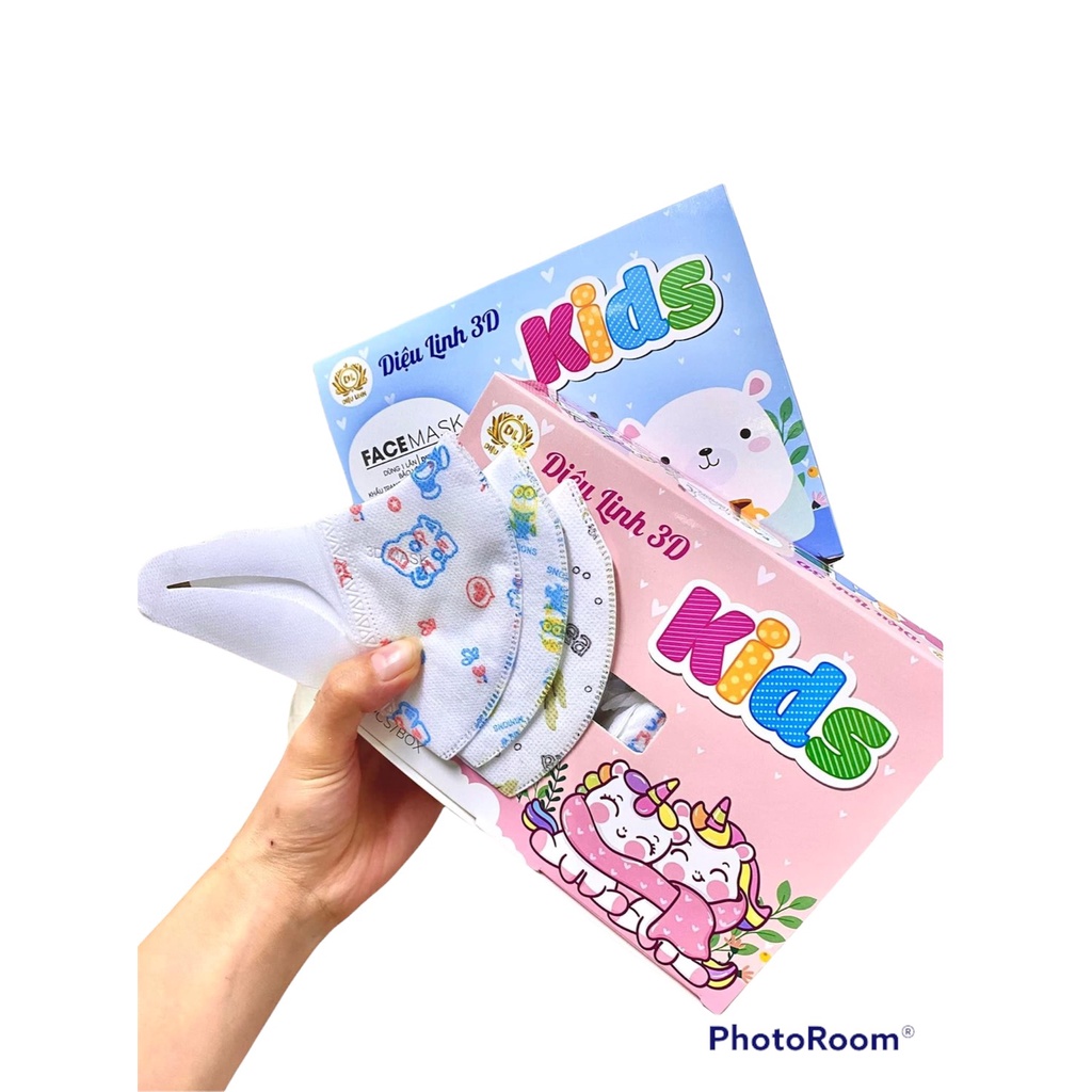 Khẩu trang kháng khuẩn trẻ em 3D Kid Mask Diệu Linh cho bé 5 tuổi - 11 tuổi, hộp 50 cái họa tiết dễ thương