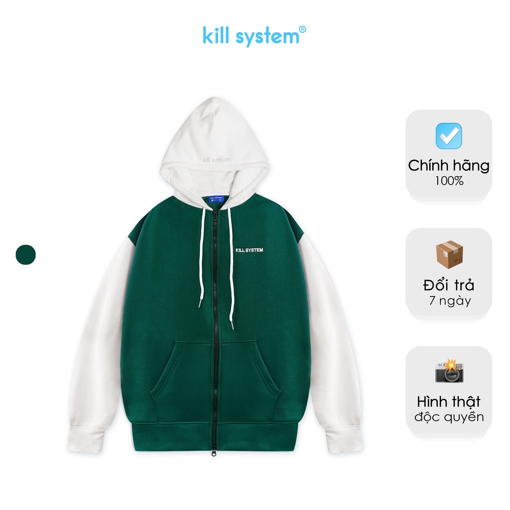 Áo khoác hoodie zip màu rêu Kill System 22 MOOD oversize có nón nam nữ, vải chân cua tay ráp lăng unisex