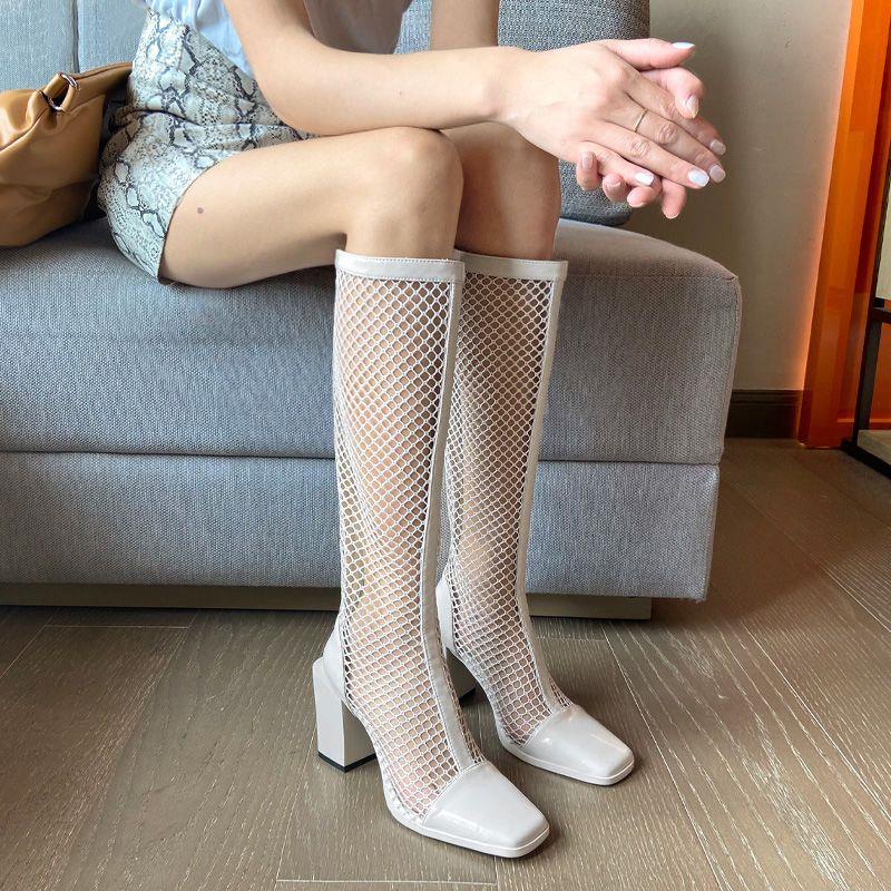 Giày Bốt Cao Gót Mũi Vuông Bằng Da Bóng Phối Lưới Thời Trang Mùa Hè Cho Nữ