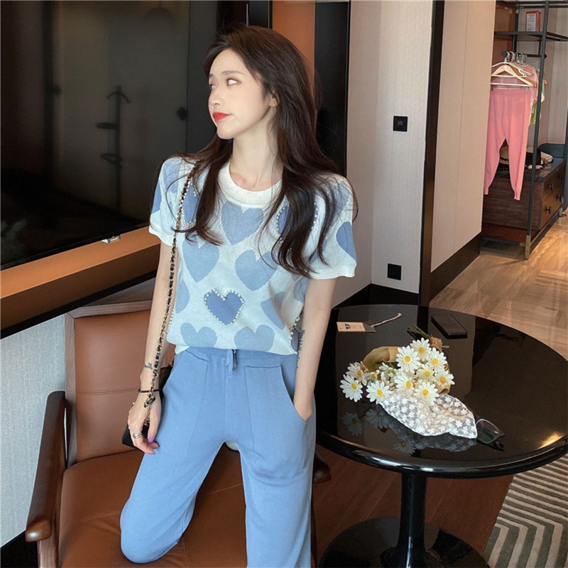 Áo Crop Top Dệt Kim Tay Ngắn Cổ Tròn In Họa Tiết Trái Tim Đính Ngọc Trai Giả Dễ Thương Thời Trang Cho Nữ