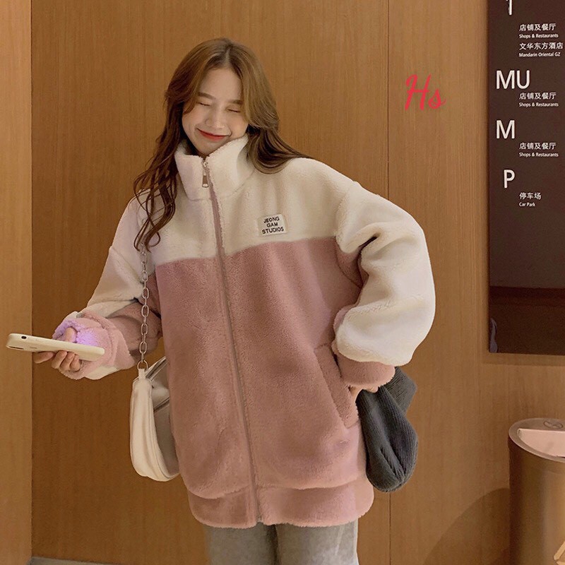 Áo Khoác Lông Cừu Je Ong Phối Màu ❤ Áo Khoác Nữ Dày Dặn 2 Lớp Dáng Rộng HS21