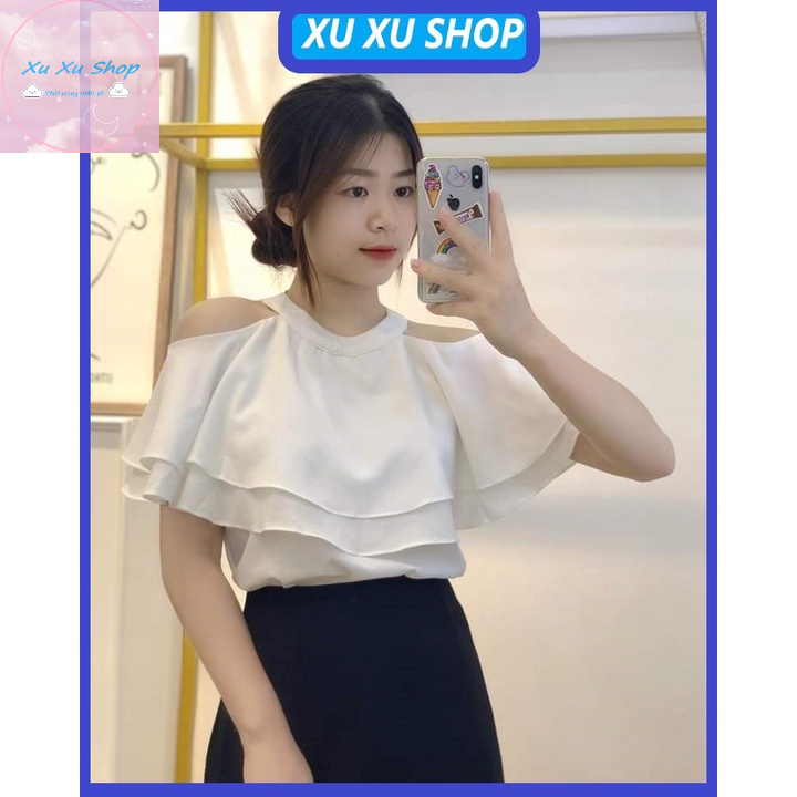 Áo kiểu nữ khoét vai 3 màu trắng đỏ đen - XU XU SHOP - Áo sơ mi công sở vải lụa mềm cao cấp có size - ẢNH THẬT 100%