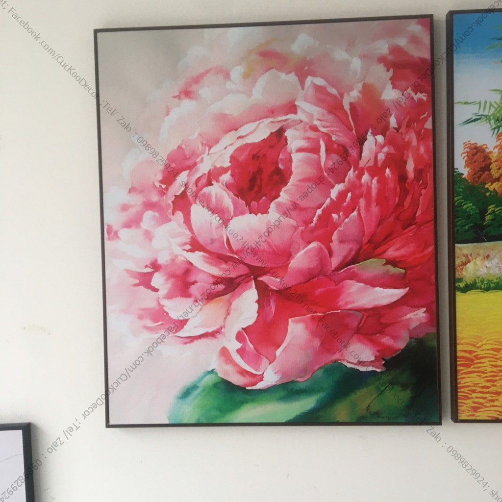 Tranh in Hoa Mẫu Đơn, bố cục 2 bông 1 nụ, tượng trưng gia đình nhỏ kt :50x60cm cả khung