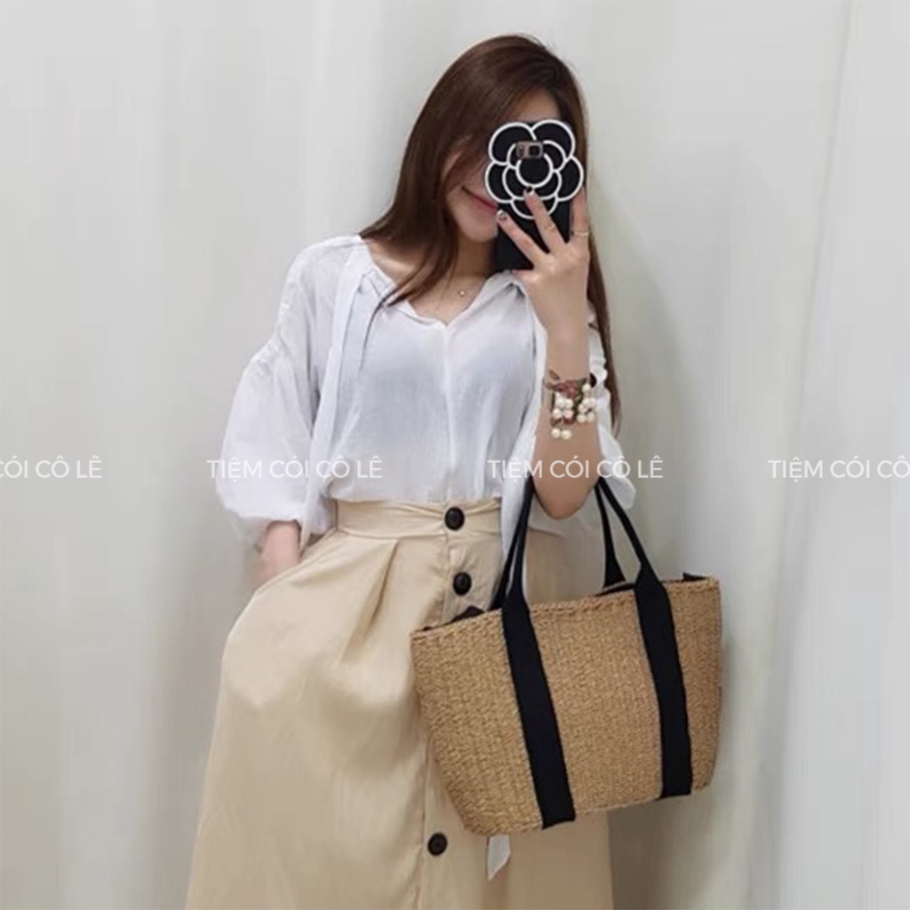 Túi cói chữ nhật quai vải đen neverfull siêu bền, làn cói phụ kiện đi chơi đi biển chụp ảnh - Tiệm Cói Cô Lê